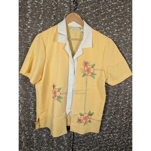 Alfred Dunner Built-in Shirt Short Sleeve Button Yellow Floral Blouse Women's 10